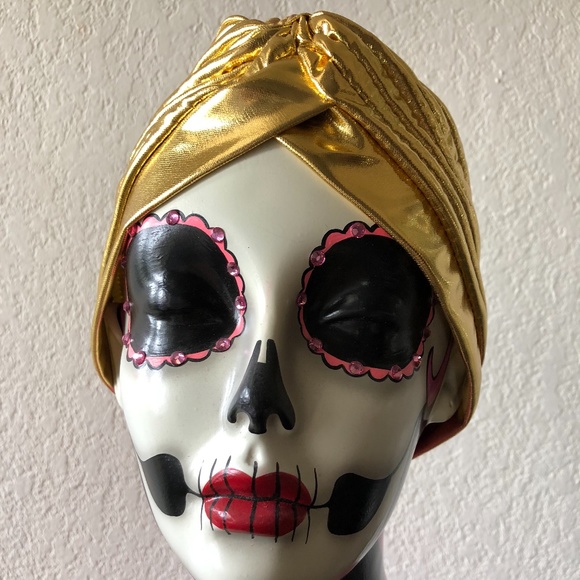 Shiny Gold Metallic Pinup Turban cloche hat Hollywood Glamour - Picture 2 of 2